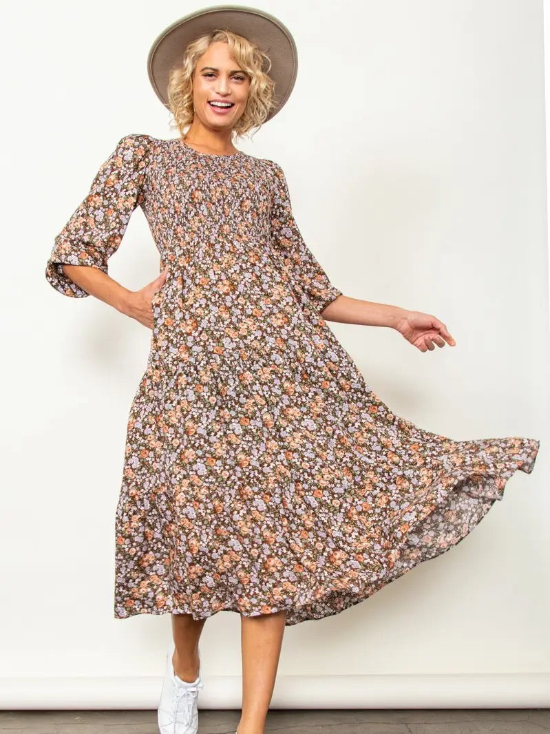 Vintage Floral Smocked Round Neck Midi Dress with Pockets