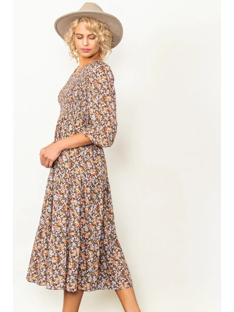 Vintage Floral Smocked Round Neck Midi Dress with Pockets