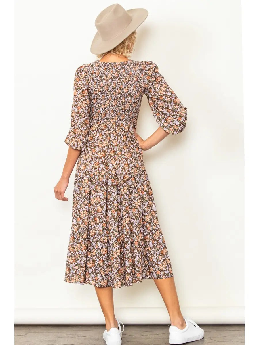 Vintage Floral Smocked Round Neck Midi Dress with Pockets